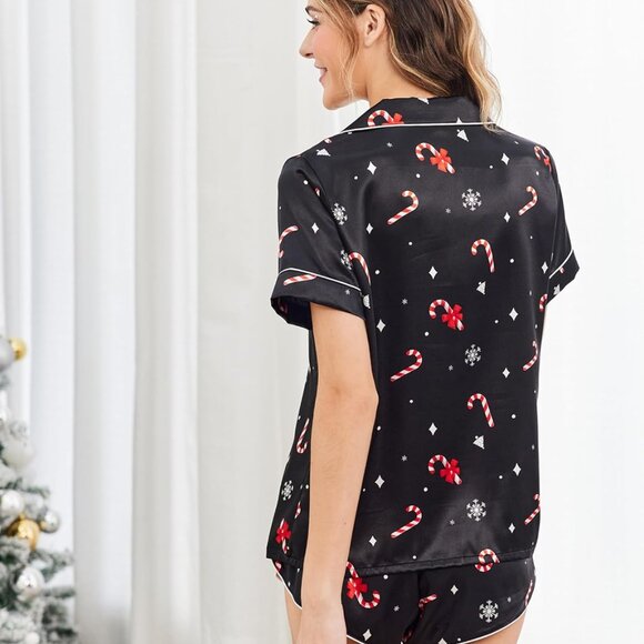 Silk Satin Pajama Set Short Sleeve Button Top Shorts Sleepwear - Picture 3 of 4